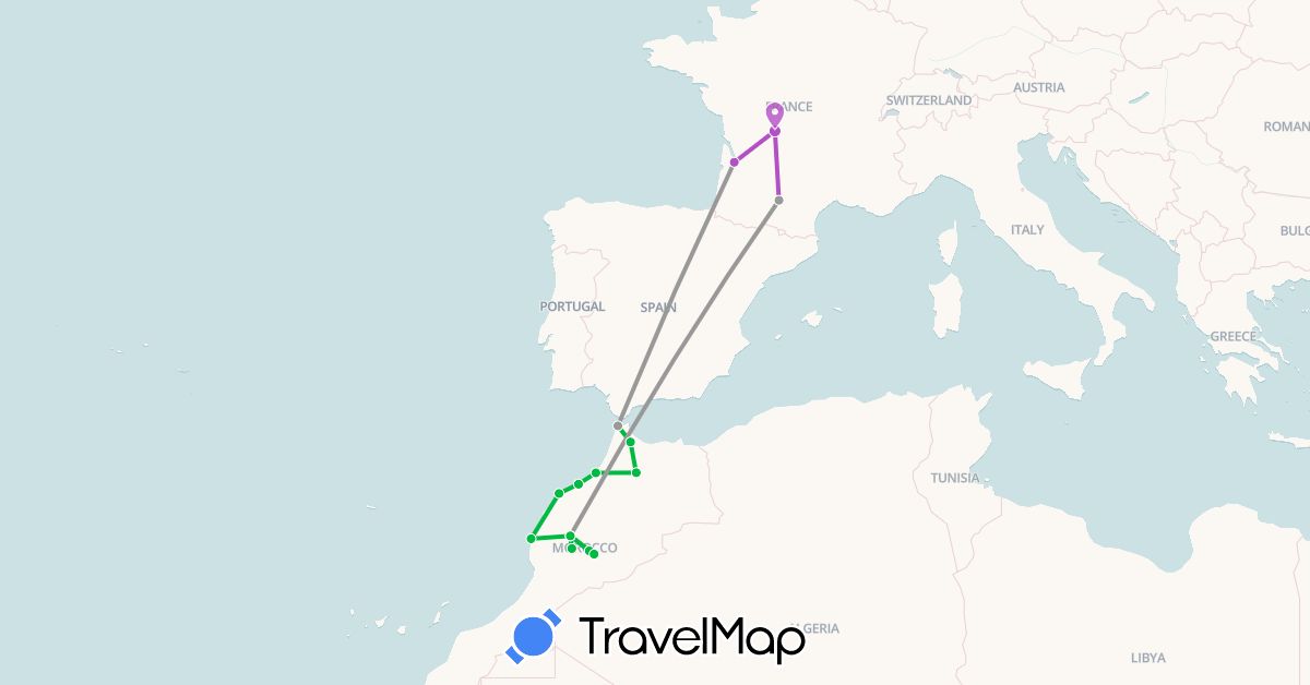 TravelMap itinerary: bus, plane, train in France, Morocco (Africa, Europe)